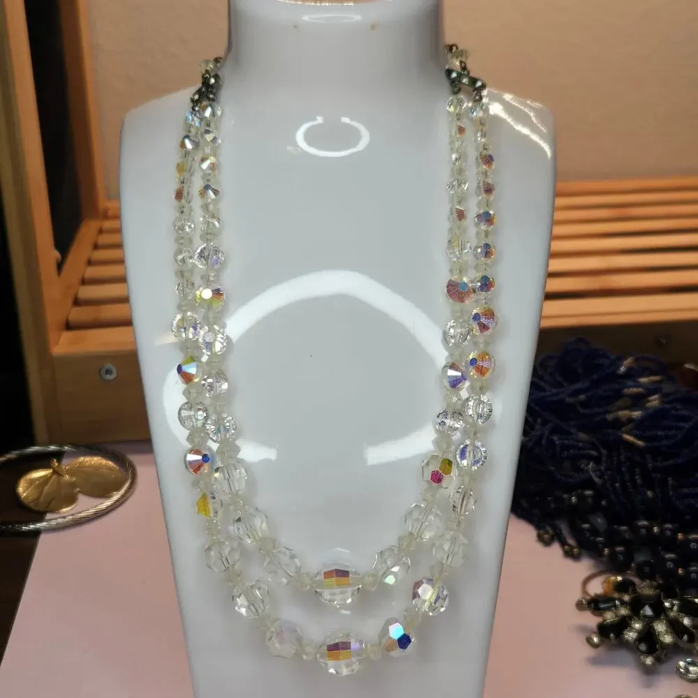 Vintage 1950s Aurora Borealis Crystal Double Strand Necklace Graduated Bead